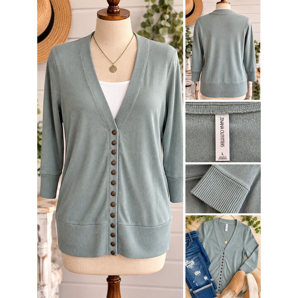 Zenana Outfitters Sage Green V-Neck Button Front Cardigan HW-2049AB Large